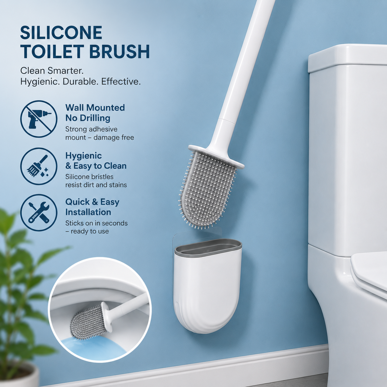 Hygienic Silicone Toilet Brush with Wall Mount