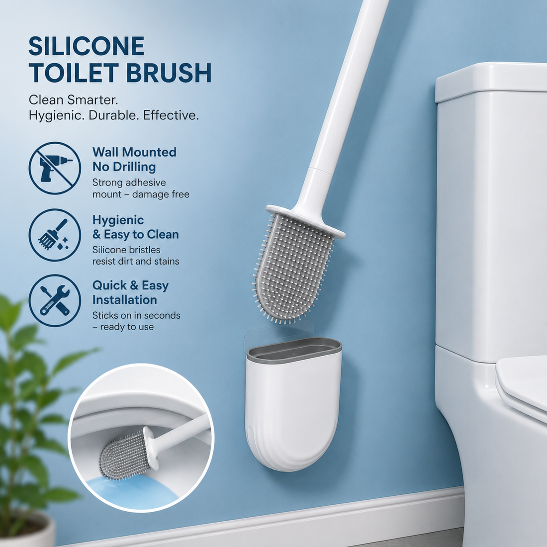 Hygienic Silicone Toilet Brush with Wall Mount